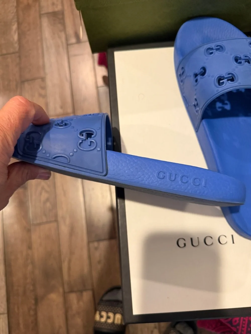 Gucci Bright Blue GG Embossed Rubber Slides - Picture 3 of 5